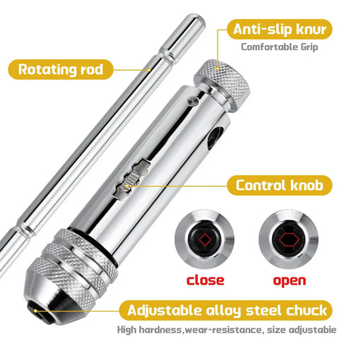 Two Pack Ratchet T Handle Tap Wrenches, Adjustable T Bar Handles With Reversible Ratcheting Action For Metric M3 To M8 And M5 To M12 Thread Taps, Durable Alloy Steel, Chrome Finish, Detachable Handle For Easy Access, showing adjustable chuck and control knob.