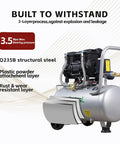 Heavy Duty 9.5 Gallon Air Compressor Delivers Solid 115 Psi Performance Ultra Quiet 70 Decibel Level showing durable Q235B steel construction.