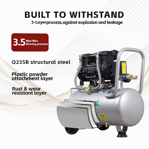 Heavy Duty 9.5 Gallon Air Compressor Delivers Solid 115 Psi Performance Ultra Quiet 70 Decibel Level showing durable Q235B steel construction.