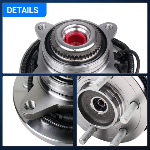 Detailed view of a front wheel bearing and hub assembly for Ford F150 2015 2016 2017 6 Lug 4WD with ABS replacement plug and play install.