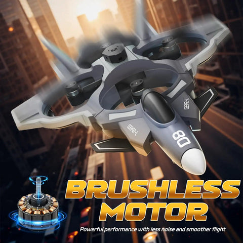 Brushless RC Plane With Camera And Built In Screen flying over cityscape, showcasing 360 Degree Flip Fighter Jet design for real-time FPV.