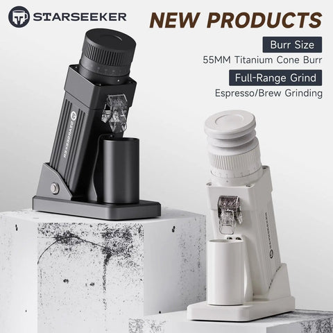 Legendary Electric Coffee Grinder With 55mm Titanium Conical Burr And Dead Straight Stepless Dial Featuring Anti Static Tech on white background.