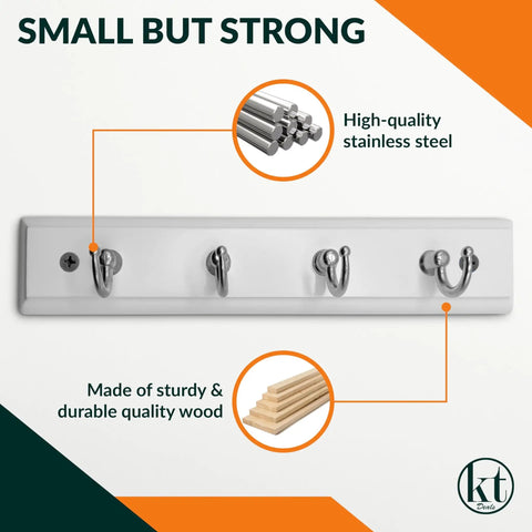 Wall Mounted Key Rack With Four Hooks, Steel And Wood Key Holder For Keys And Small Essentials, White Modern Home Organizer