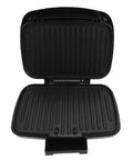 Heavy Duty Electric Panini Press And Grill With Dual Heating Non Stick Coating Smart Oil Filtering Tray Efficient Hamburger Maker For Juicy Burgers And Melty Sandwiches Perfect For Home Use Fast Cooking open grill surface showing grooves.
