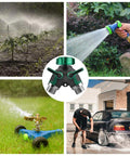 Garden hose splitter 2-way Y connector, green/black with dual levers; shown with sprinklers, spray, lawn sprinkler, and car wash.