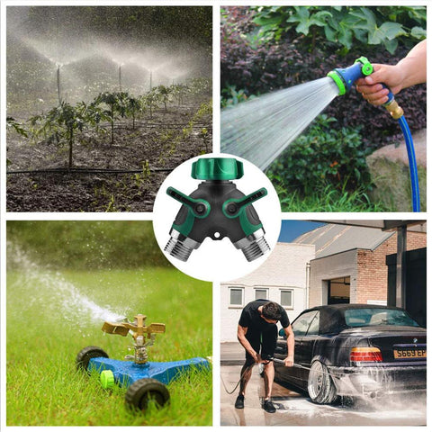 Garden hose splitter 2-way Y connector, green/black with dual levers; shown with sprinklers, spray, lawn sprinkler, and car wash.