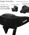 Ultra Comfortable Oversized Bike Seat With Memory Foam Padding And Extra Wide Soft Saddle For Men Women And Seniors shown with mounting tools.