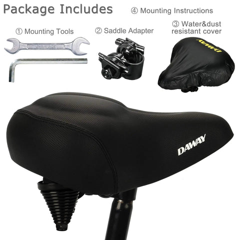 Ultra Comfortable Oversized Bike Seat With Memory Foam Padding And Extra Wide Soft Saddle For Men Women And Seniors shown with mounting tools.