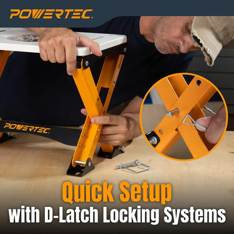 Heavy Duty Folding Router Table Stand With Adjustable Height Workstation Base For Trim Routers Wall Mount Ready, setup with D-Latch locking system.