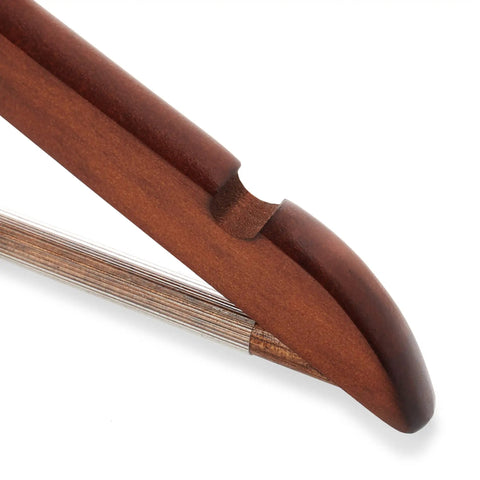 Close-up of 40 Walnut Wooden Suit Hangers With Notches And Chrome Swivel Hook For Suits Coats Jackets Pants Shirts Skirts.