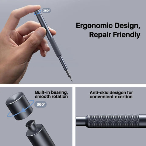 Top Shelf Precision Screwdriver Set, Mini 37 Piece Electronics Repair Kit Including Eight Bits For Phones Watches Laptops And Glasses, image of ergonomic screwdriver with anti-skid grip.