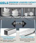 Under Sink Support Brackets 24 to 59 Inch Adjustable Undermount Sink Bars, silver stainless steel, 880 lb capacity illustration.