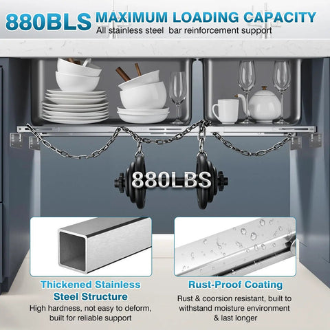 Under Sink Support Brackets 24 to 59 Inch Adjustable Undermount Sink Bars, silver stainless steel, 880 lb capacity illustration.