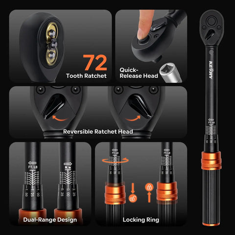Triple-Drive Click Torque Wrench Set for 1/4, 3/8, and 1/2 Inch Drives, 20-240 in-lb, 5-45 ft-lb, 20-160 ft-lb Ranges, Calibrated to Three Percent with Dual SAE and Metric Scales, Ideal for Bikes, Motorcycles, and Cars. 72-tooth ratchet head