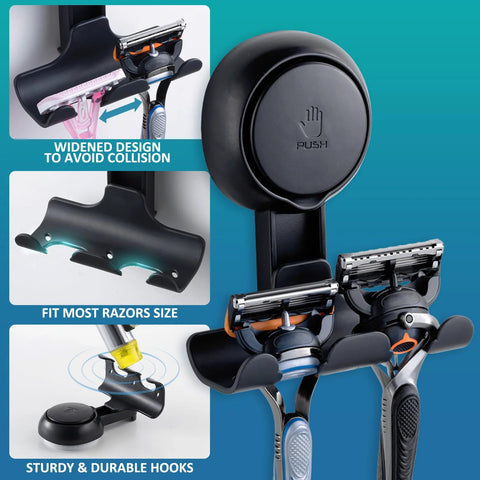 2 Pack Suction Cup Shower Razor And Bathroom Accessory Holder with razors, showing widened design, sturdy hooks, and installation details.