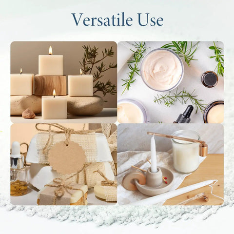 Collage of candles, skincare products, wrapped soaps, and candle making tools using Stearic Acid Wax Beads 400g For Soap Making, Candles, Cosmetics, DIY Skincare, Rubber And Plastic Additive, Go-To Multi-Purpose Natural Compound Raw Material.