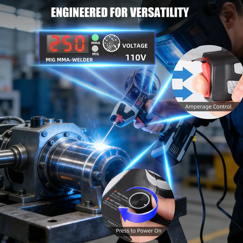 2 In 1 MIG And Stick Welder 250A Portable Handheld Workhorse in action with digital display and amperage control features