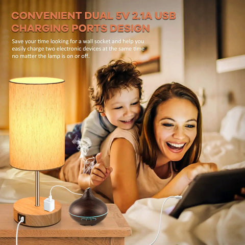 Table Lamps Set Of 2 With Touch Control, USB Ports, AC Outlet, wooden base, flaxen shade in cozy bedroom setting, people relaxing