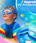 Child wearing Kids Swim Goggles 2 Pack With No Hair Pulling Comfort Fabric Strap For Ages 3 To 14 UV protection playing in pool
