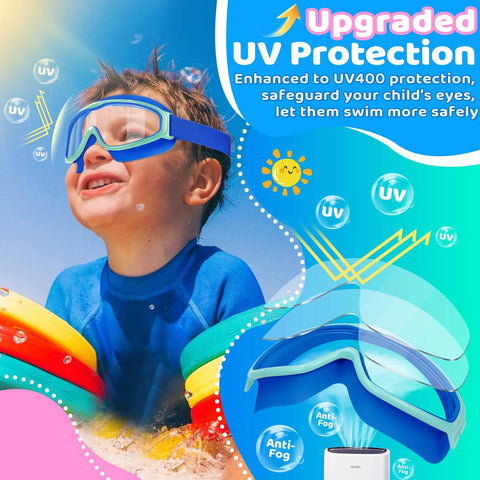 Child wearing Kids Swim Goggles 2 Pack With No Hair Pulling Comfort Fabric Strap For Ages 3 To 14 UV protection playing in pool