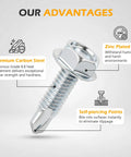 Close-up of Heavy Duty Quarter Inch By One Inch Hex Washer Head Self Drilling Screw, showcasing zinc plating and self-piercing points.