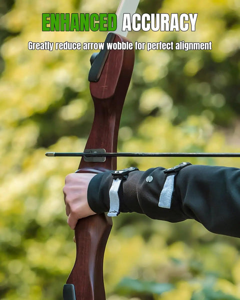 Close-up of a right hand holding a bow with black adhesive arrow rest for 8 Pack Recurve Bow Arrow Rest for Right Hand Archers.