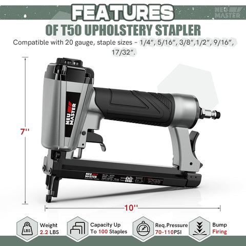 Pro Grade Air Powered 20 Gauge Upholstery Stapler With 1500 Pcs T50 Staples In 1/4, 3/8, And 5/8 Inch, Includes Carrying Case