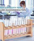 Beech Wood Test Tube Rack, Premium Lab Gear Holder with 12 Holes, 2 Pack, displayed in a laboratory setting with test tubes.