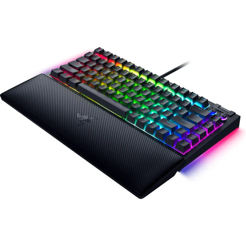 Premium Compact 75 Percent Layout Mechanical Gaming Keyboard Featuring Hot Swap Orange Tactile Switches Solid Aluminum Chassis Space Savvy Design Savage Performance Setup with RGB backlighting and wrist rest.