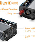 Beast 1000W Pure Sine Wave Inverter with dual outlets, USB ports, LCD, cooling fan, rear view showing power connections.