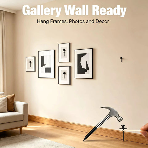 Sleek Double Headed Picture Hanging Nails For Drywall Renter Friendly Push Pins With Hand Protector Set Of 50 All Black Thumb Tacks displayed with framed photos on wall.