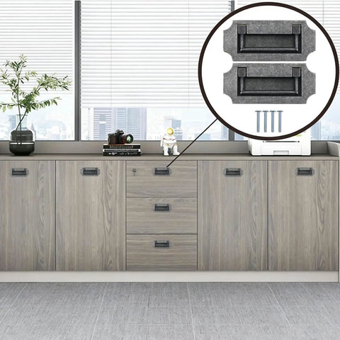 Hidden Cabinet Pulls With Screws, Recessed Low Profile Drawer Handles installed on gray cabinet, with inset detail view.