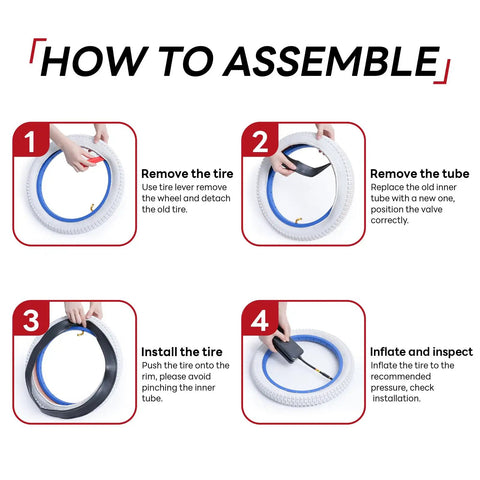 Assembly steps for Two Pack 14x2.125 E-Bike Inner Tubes With Bent Valve Stem for 14 inch tires, compatible with bikes and scooters.