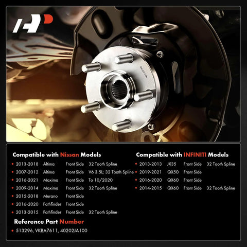 Front Wheel Bearing And Hub Assembly With 5 Lug For Nissan Altima Murano Pathfinder Maxima Infiniti QX60 QX50 JX35 Bolt On Fits 2007 To 2021 Models Durable Hub Smooth Ride Easy Install displayed with specifications chart