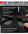 Ray-Ban sunglasses with cleaning kit including lens spray, microfiber cloth, and case, focus on lens care accessories.