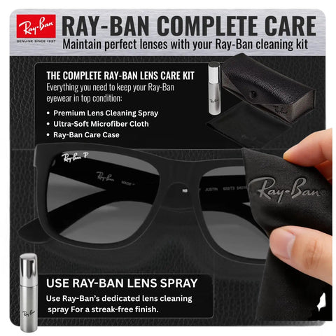 Ray-Ban sunglasses with cleaning kit including lens spray, microfiber cloth, and case, focus on lens care accessories.