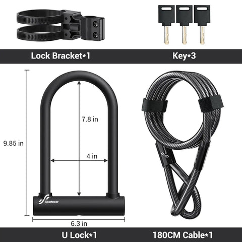 Heavy Duty Bike U Lock With 18mm Shackle And 6ft Security Cable For Road Mountain Electric And Folding Bikes, Portable Lock With Sturdy Mounting Bracket, Water Dust Scratch Resistant, Built Tough So You Can Lock Down Your Ride. 9.85x6.3 in U-lock, 180 cm cable, keys and bracket