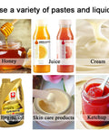 Image showing various liquids and pastes including honey, juice, cream, engine oil, skin care products, and ketchup, showcasing versatility.