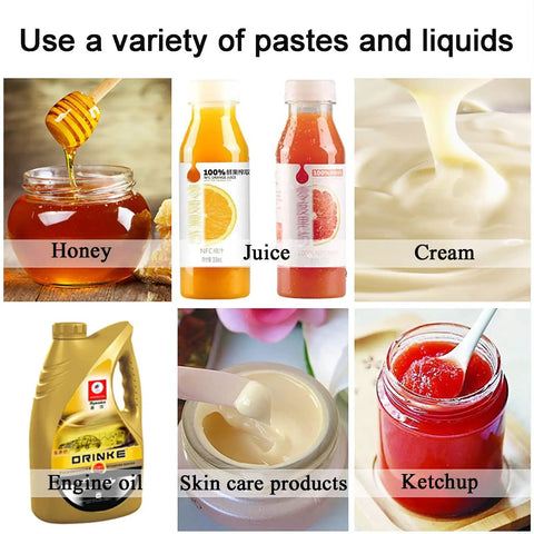 Image showing various liquids and pastes including honey, juice, cream, engine oil, skin care products, and ketchup, showcasing versatility.