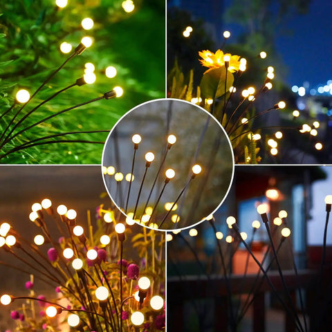 Solar Firefly Pathway Lights 6 Pack Warm White LED Garden Decor Waterproof Outdoor Solar Powered Lights at night in garden