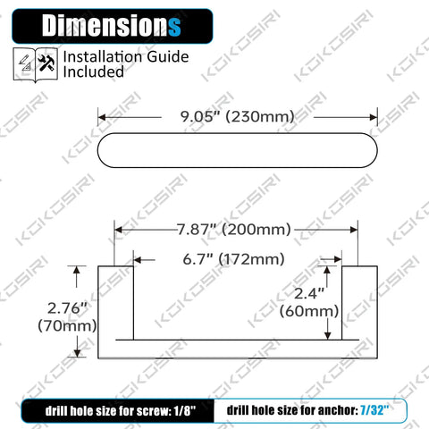 Chrome 9-Inch Hand Towel Bar For Bathroom Wall Mount Towel Rack Polished Stainless Steel Bathroom Hardware Rust-Resistant SUS 304 Finish Easy Install Built Tough Wall Mounted Towel Holder For Hand Towels, dimension diagram 230mm