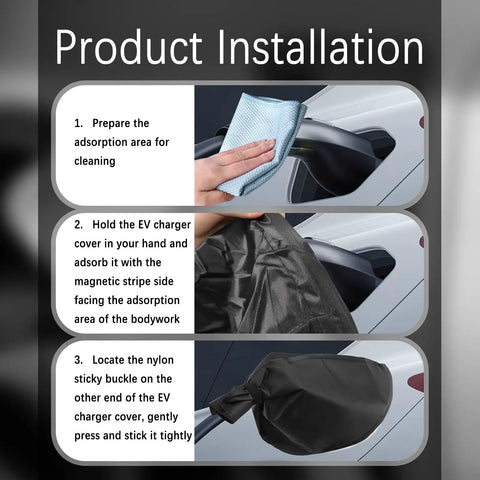 Badass Waterproof EV Charger Cover With Dual Magnetic Strips For Sun And Rain Defense Universal Fit For All Electric Cars installation steps shown.
