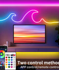 Living room with 15ft LED Neon Strip Lights with remote and app control above a TV, showcasing color-changing mood lighting, music sync.