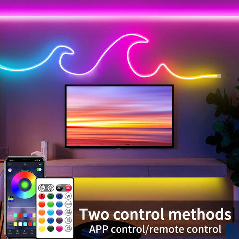 Living room with 15ft LED Neon Strip Lights with remote and app control above a TV, showcasing color-changing mood lighting, music sync.