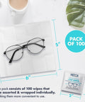 Front view: pack of 100 individually wrapped premoistened lens wipes for glasses, cameras, and phones