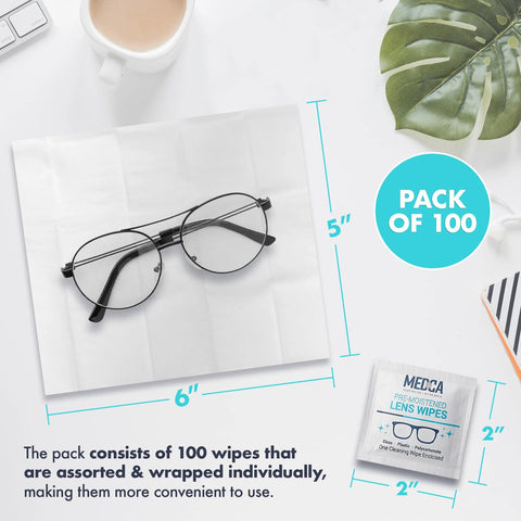Front view: pack of 100 individually wrapped premoistened lens wipes for glasses, cameras, and phones