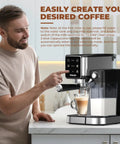 Smooth Operator 20 Bar Espresso Machine With Automatic Milk Frother And Snappy Touchscreen in a compact kitchen.