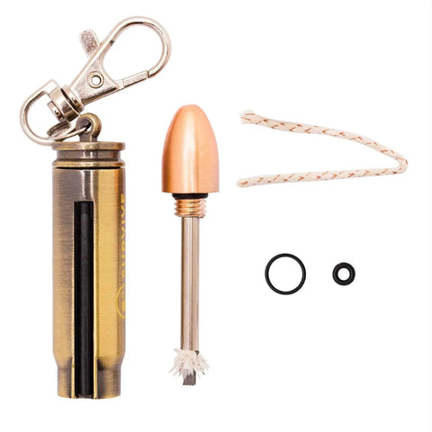 Relightable Bullet Fire Starter Keychain Lighter For Camping And Grilling, metal components, copper and bronze tones visible