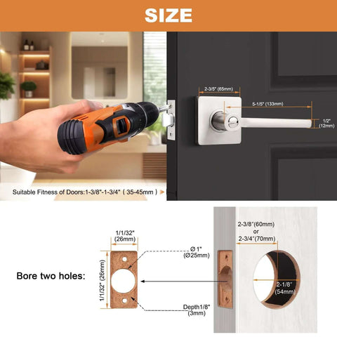 Privacy Door Handle Set For Interior Doors Heavy Duty Square Lever Brushed Nickel Size and Installation Guide