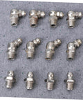 Grease Zerk Fittings Kit, 45-Piece Metric Assortment With Straight, 45-Degree, And 90-Degree Angles For Bearings And Equipment displayed.